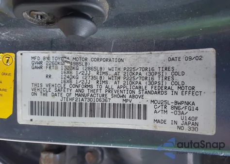 2003 Toyota Highlander V6 from USA, damaged, VIN JTEHF21A730106367
